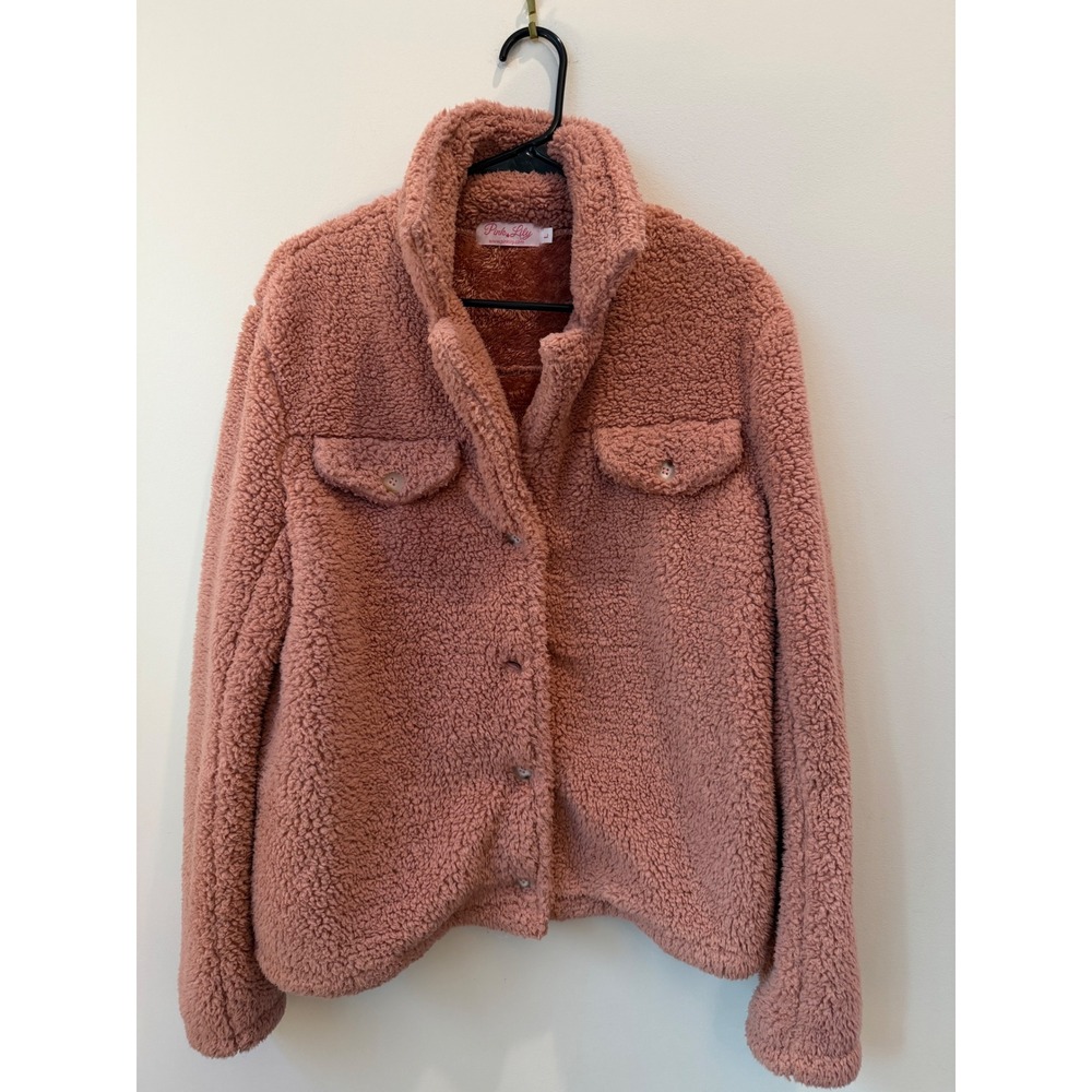 Pink Lily Mauve Pink Teddy Bear Fleece Sherpa Button Down Jacket Large